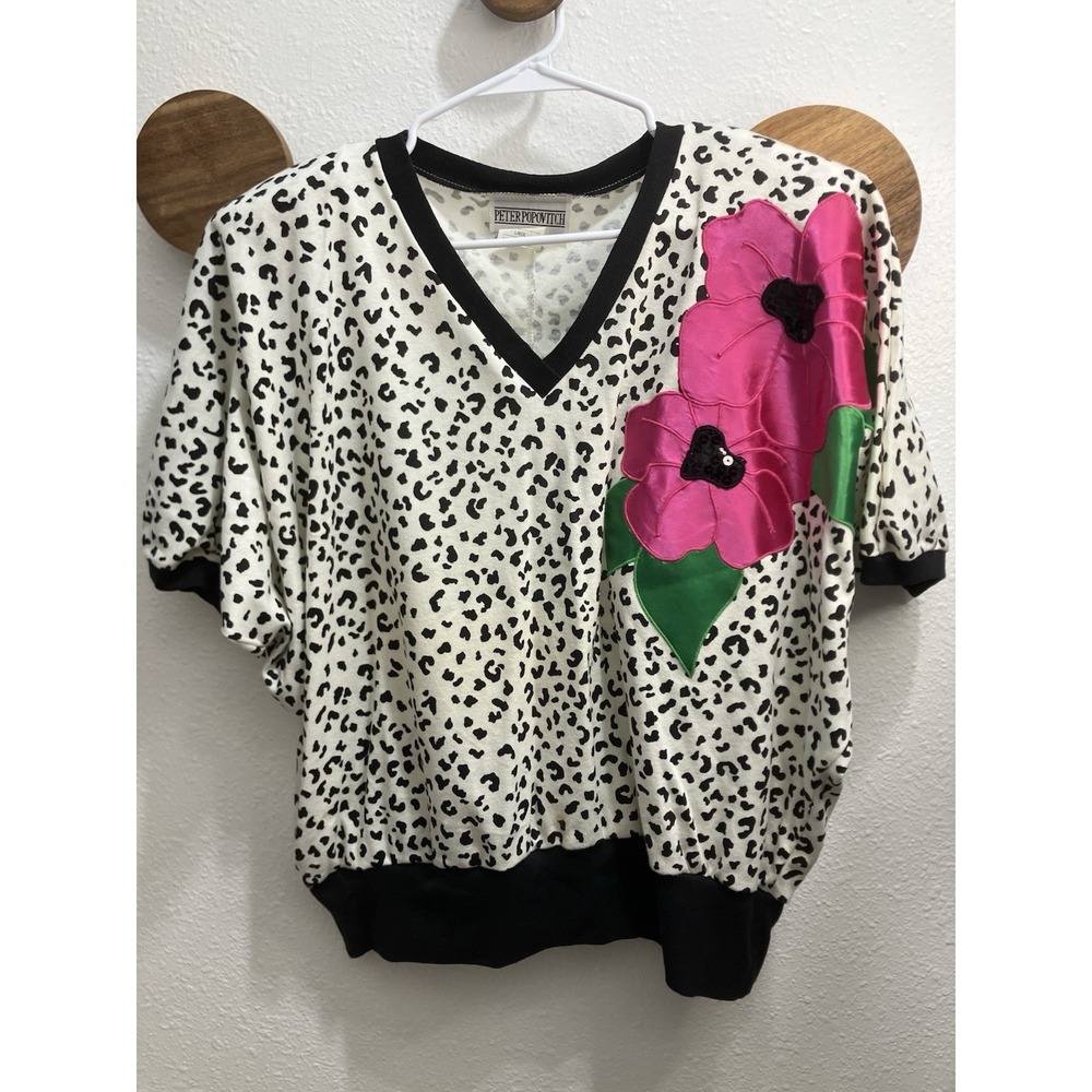 Vintage 80's Oversized L Blouse Leopard Hot Pink Floral Retro Peter Popovitch